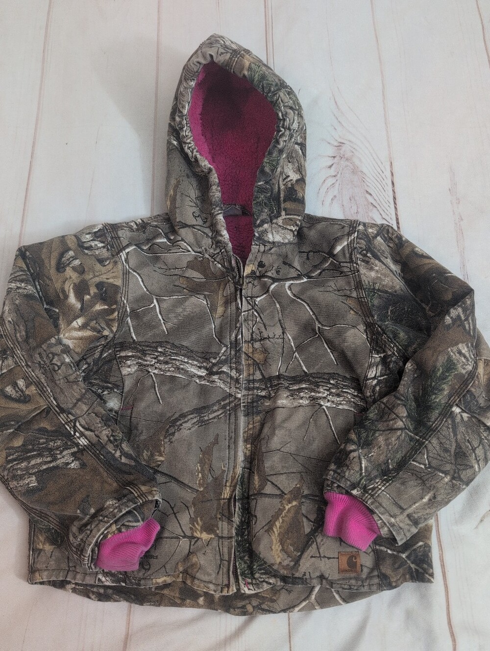 Carhartt Girls Realtree Camo Pink Sherpa Lined Canvas Hooded Jacket S 7-8